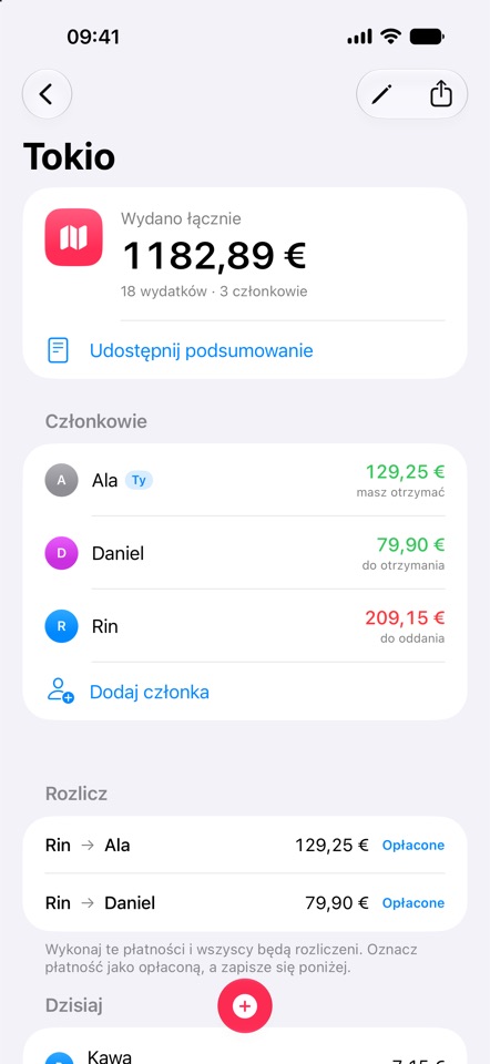 Ekran grupy: wydano łącznie, saldo każdej osoby i dwie płatności, które rozliczają całą grupę.