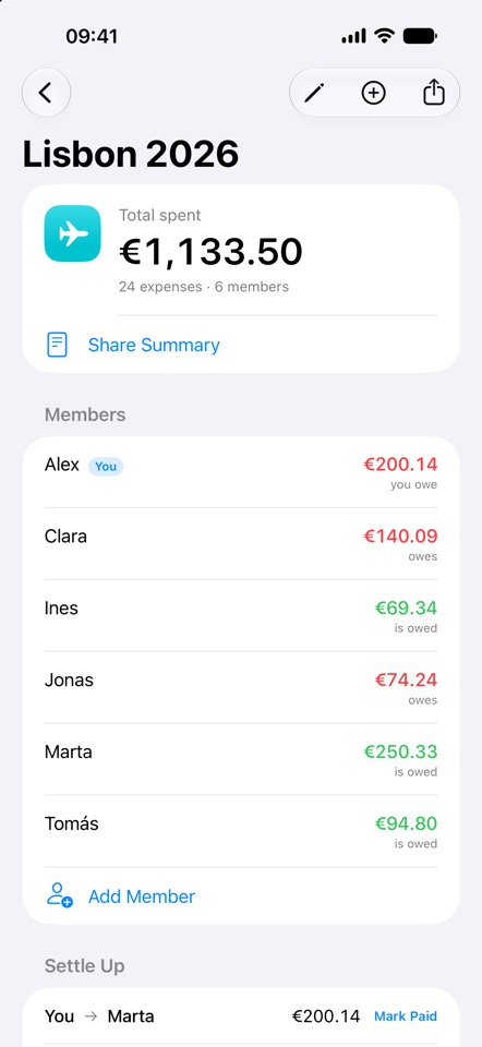 A group's detail screen, showing total spent, each member's balance, and the settle-up list.