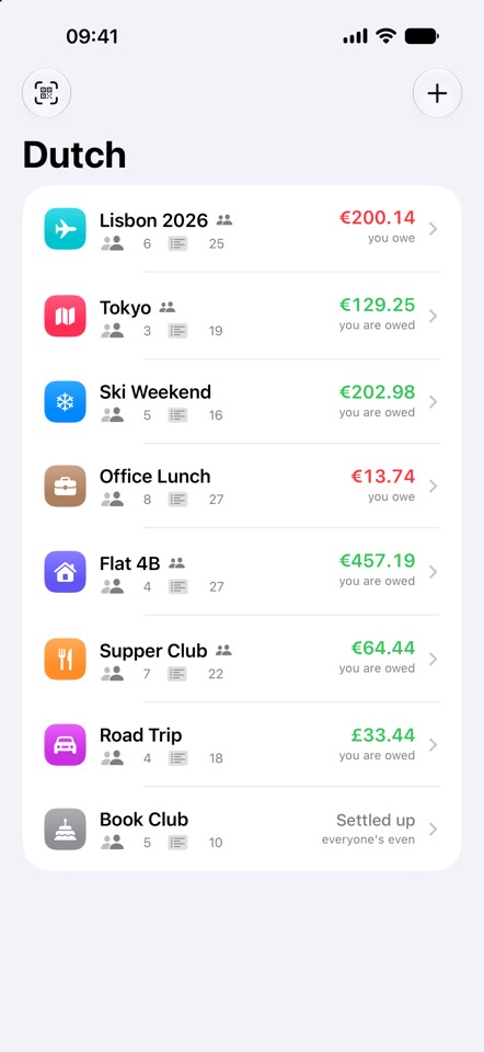 The Dutch group list, showing eight groups with the balance owed or owed to you in each.
