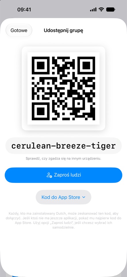 Ekran udostępniania grupy: kod QR i sekwencja słów, po której można poznać grupę.