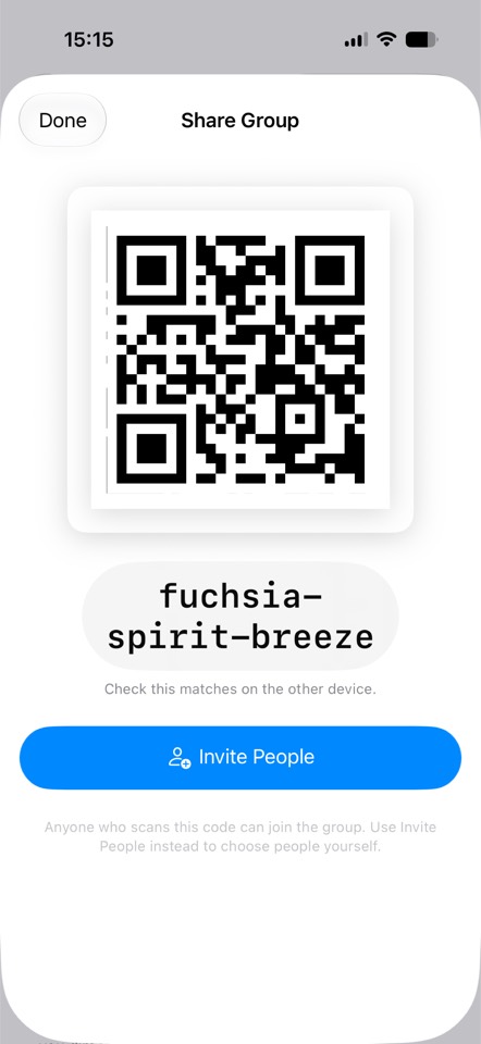 The share screen, showing a QR code and the group's word sequence.